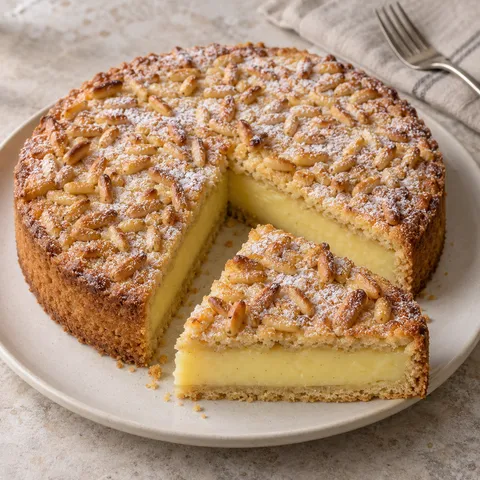 Torta della nonna toscana con pinoli e una fetta che mostra la crema al limone