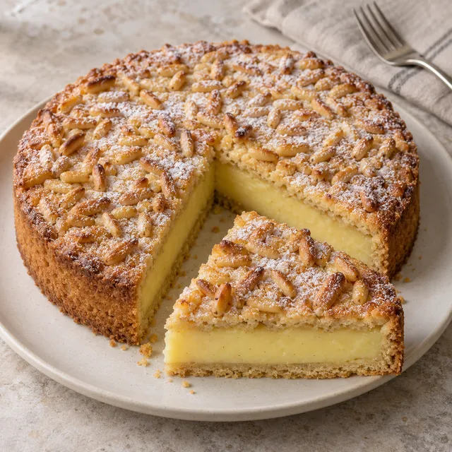 Torta della nonna toscana con pinoli e una fetta che mostra la crema al limone