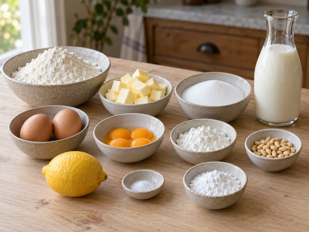 Farina, burro, uova, latte, limone e pinoli per la torta della nonna