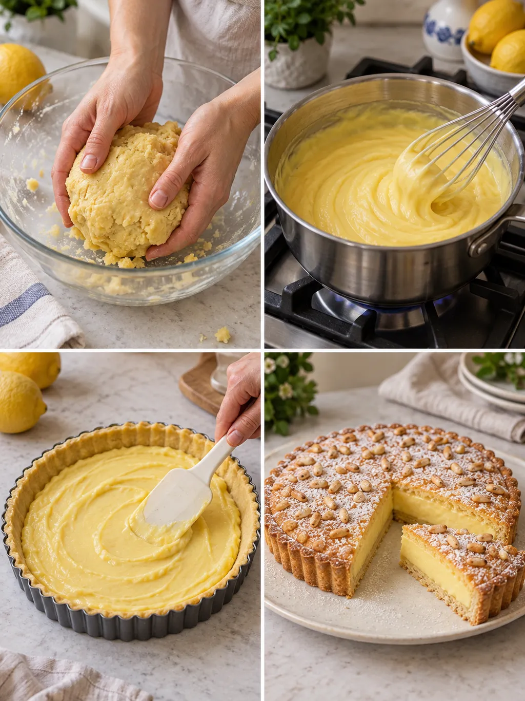 Preparazione della frolla, cottura della crema e torta della nonna finita