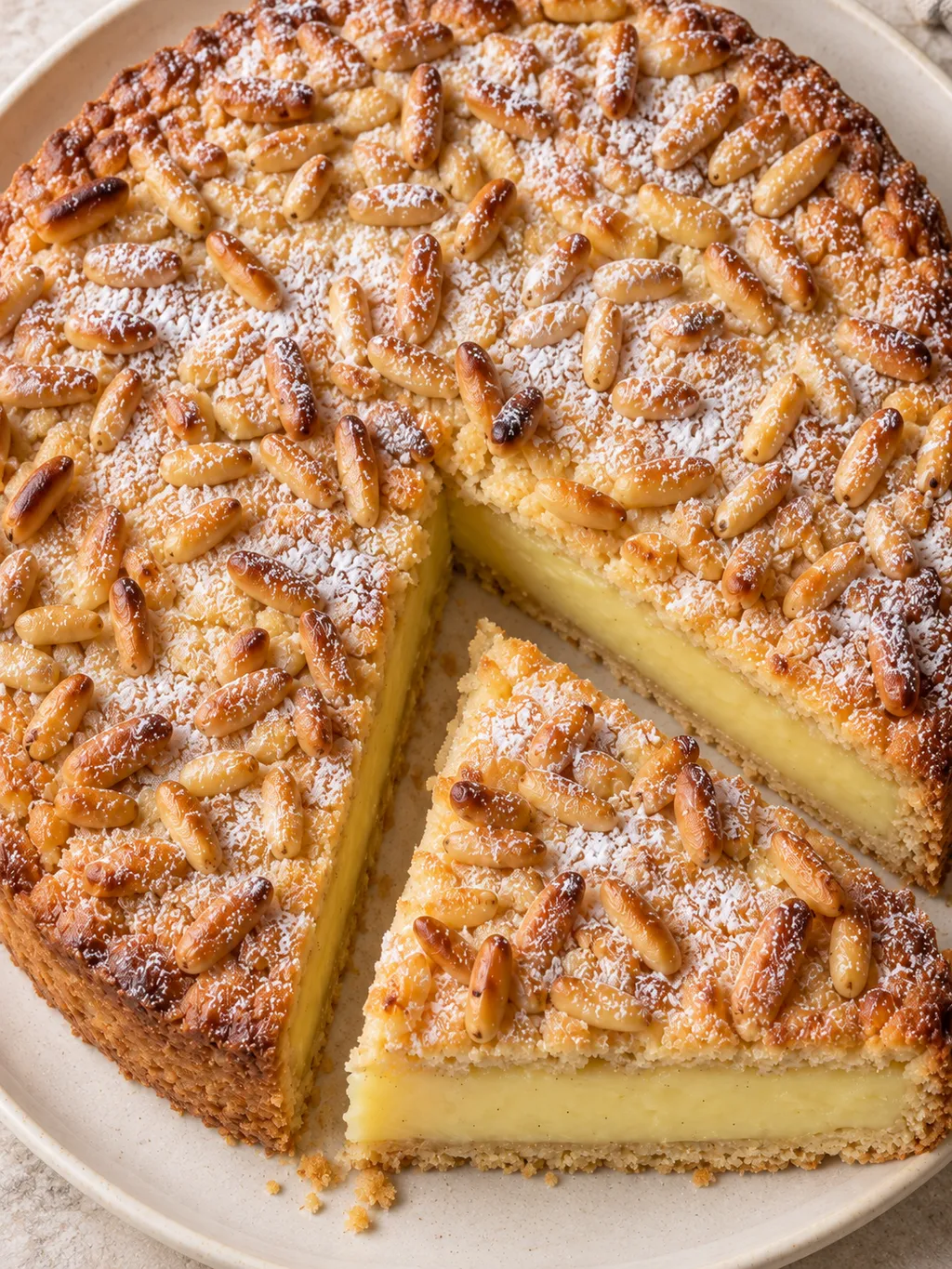 Torta della nonna con pinoli dorati, zucchero a velo e una fetta di crema al limone