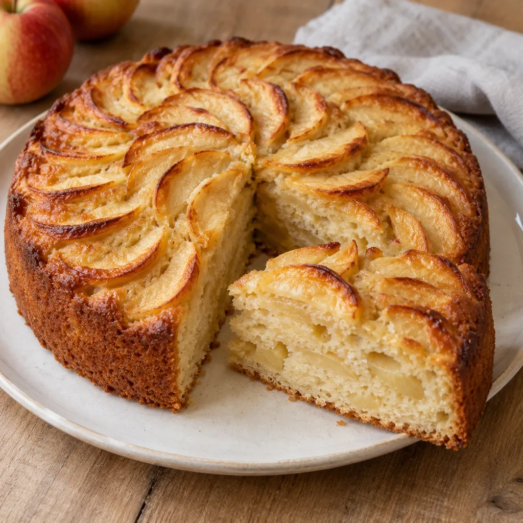 Torta di mele della nonna con fettine dorate e una fetta che mostra la mollica