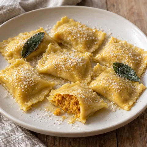 Tortelli di zucca mantovani con burro, salvia e un tortello aperto sul ripieno