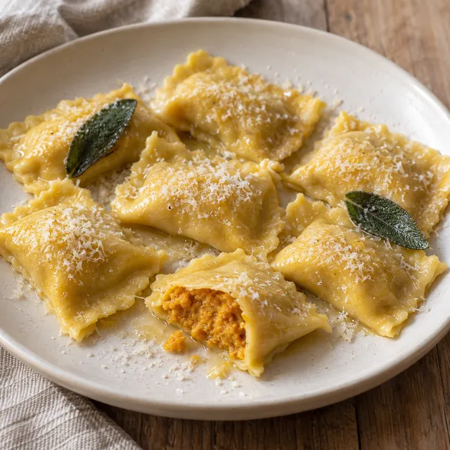 Tortelli di zucca mantovani con burro, salvia e un tortello aperto sul ripieno