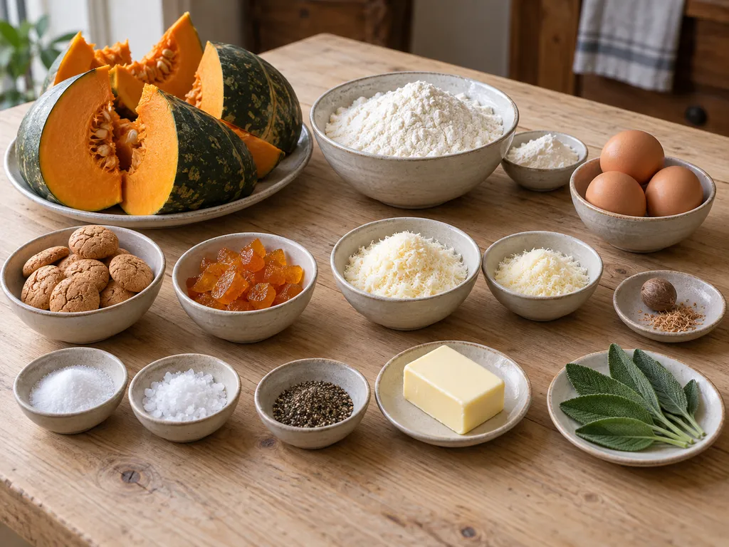 Zucca, farina, uova, amaretti, mostarda, formaggio, burro e salvia per i tortelli