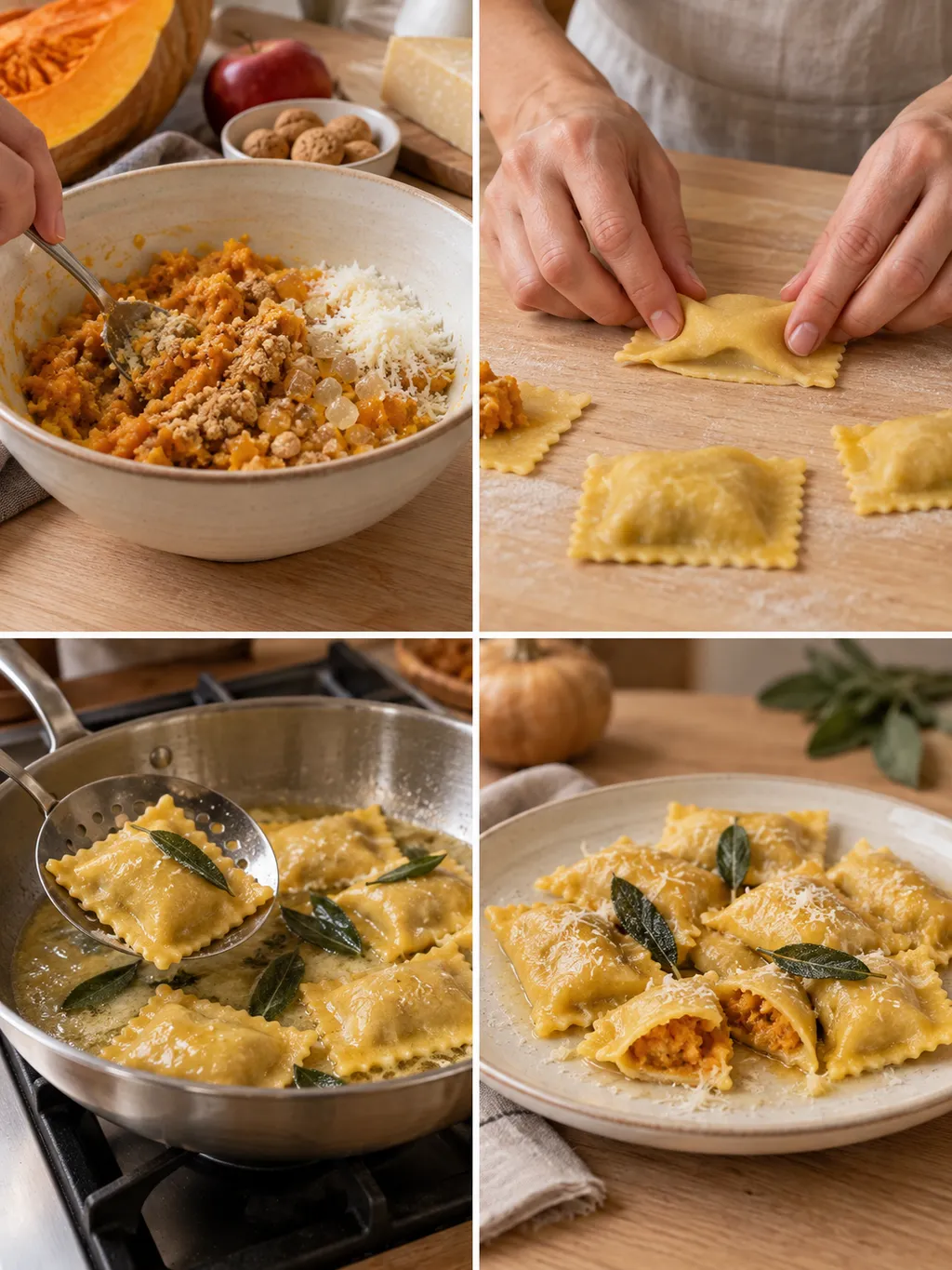 Ripieno di zucca, chiusura dei tortelli, condimento al burro e piatto finito