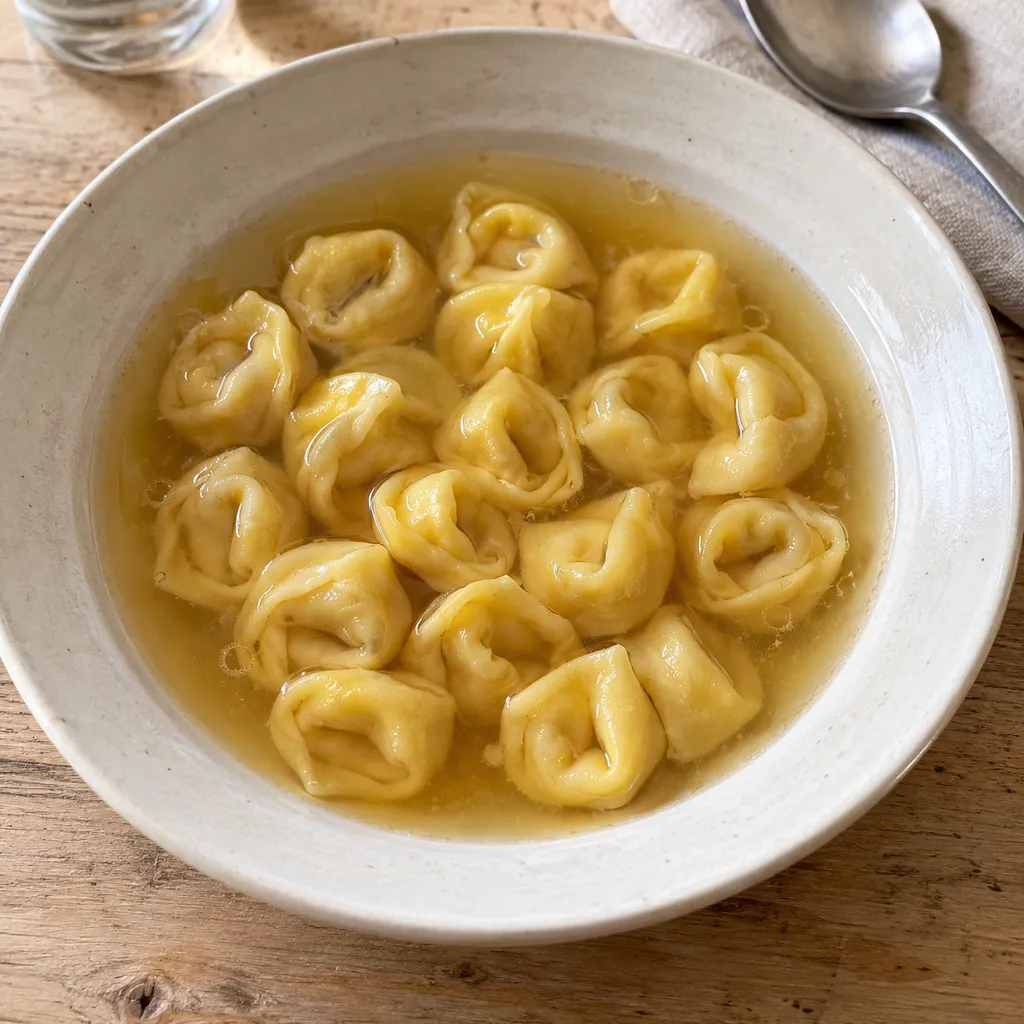 Piccoli tortellini di sfoglia all'uovo immersi nel brodo dorato di cappone