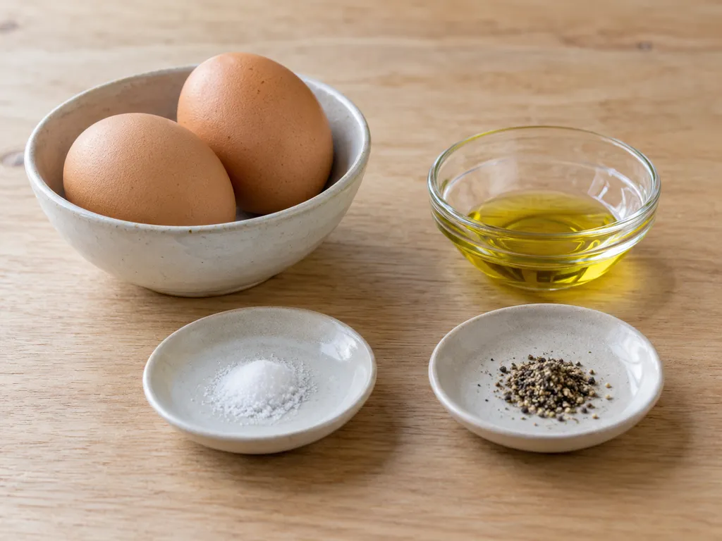 Due uova, olio extravergine, sale e pepe separati in piccoli recipienti
