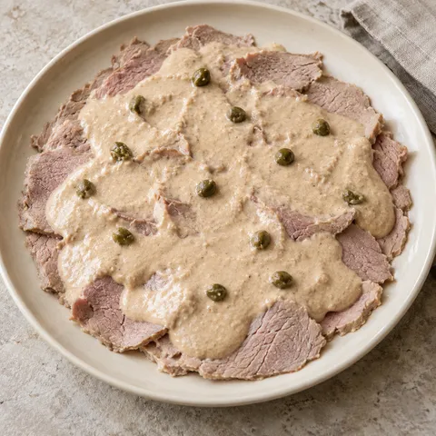 Vitello tonnato all'antica con salsa di tuorli sodi e capperi su un piatto avorio
