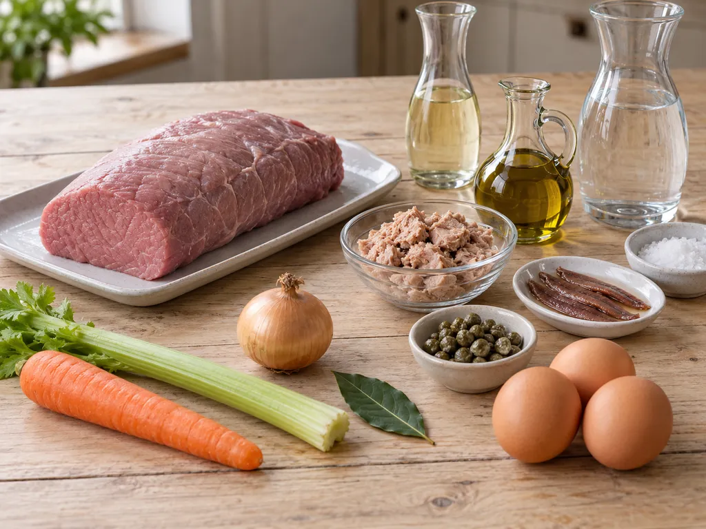 Girello, tonno, tre uova, acciughe, capperi e verdure per il vitello tonnato