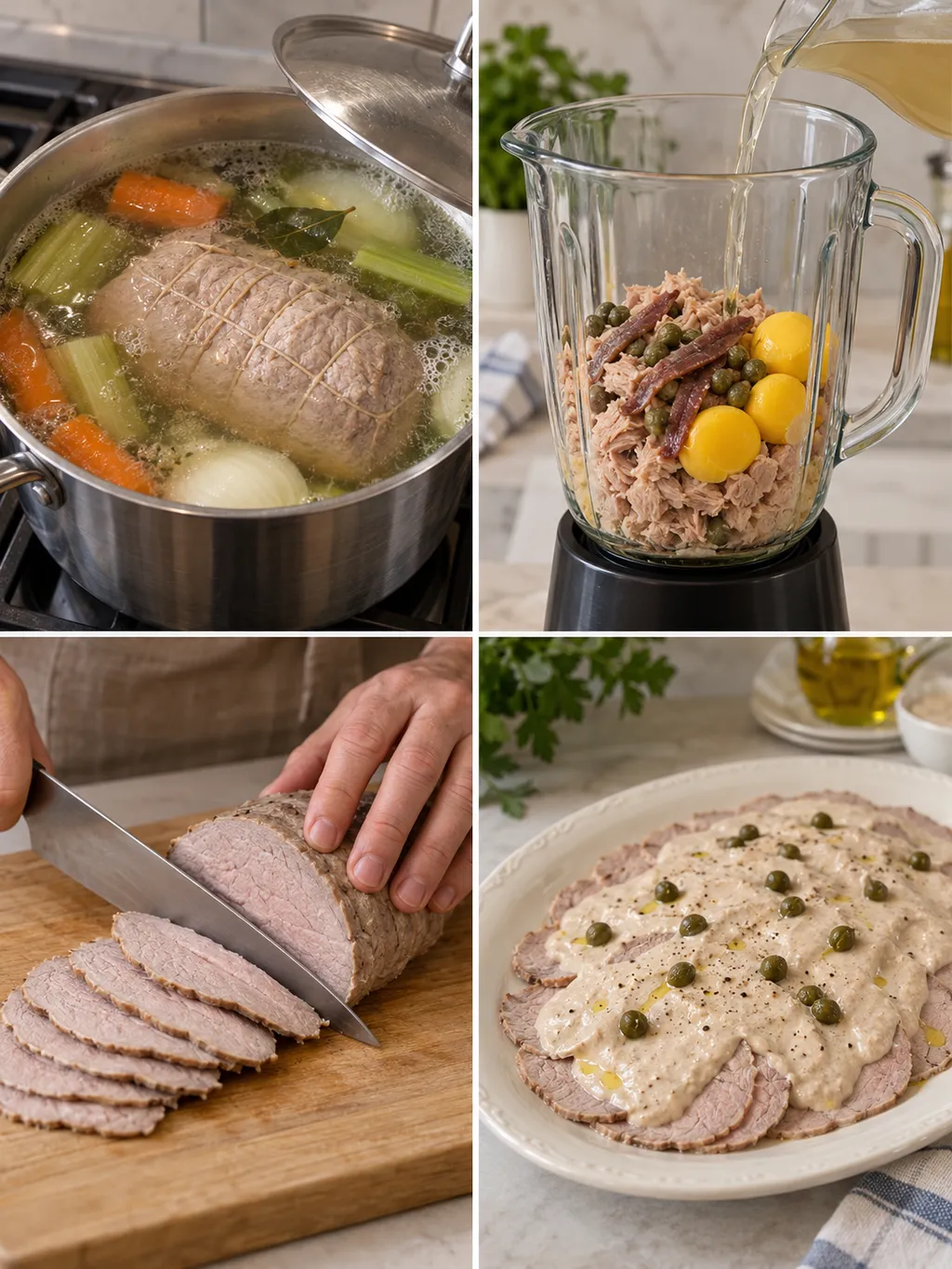 Cottura del vitello, preparazione della salsa, taglio delle fette e piatto con capperi