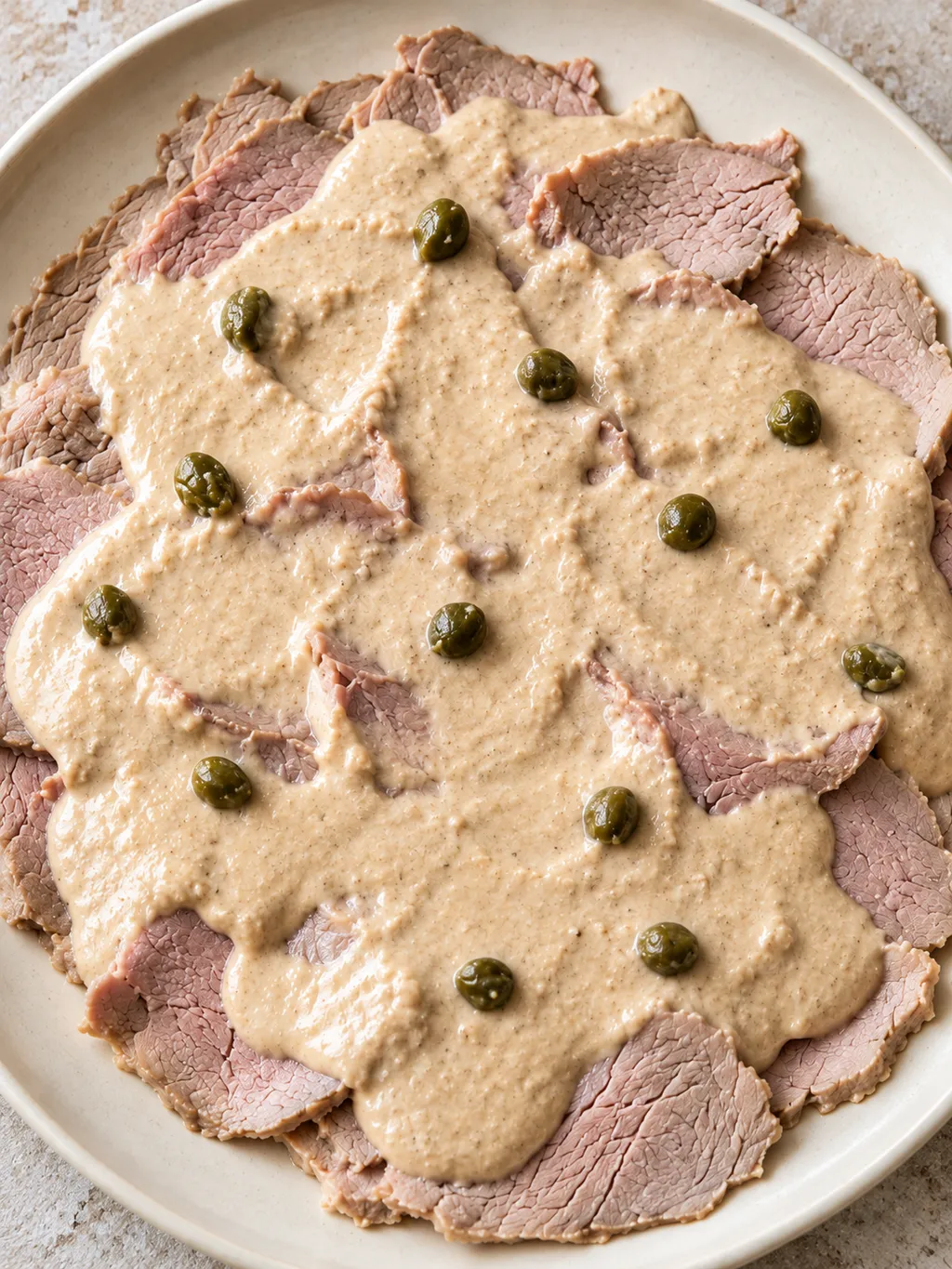 Fette sottili di vitello tonnato con salsa cremosa beige e capperi verde oliva
