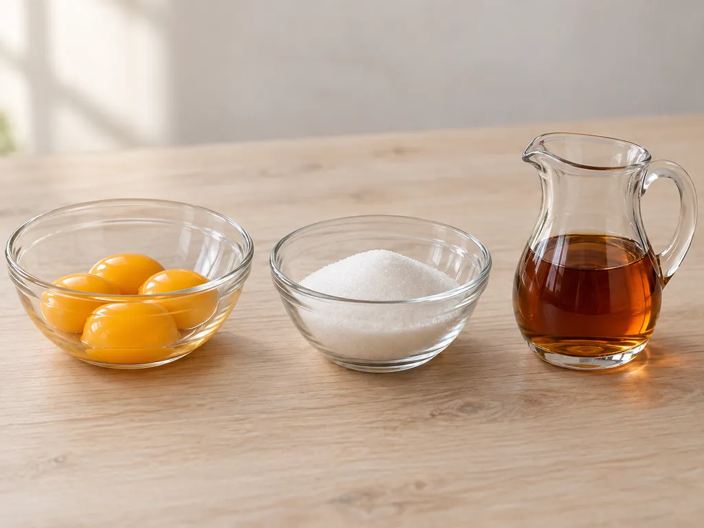 Quattro tuorli, zucchero semolato e Marsala separati in tre recipienti