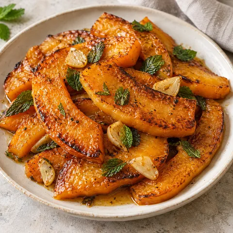 Zucca in agrodolce alla siciliana con fette dorate, aglio e menta fresca