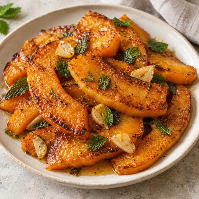 Zucca in agrodolce alla siciliana con fette dorate, aglio e menta fresca