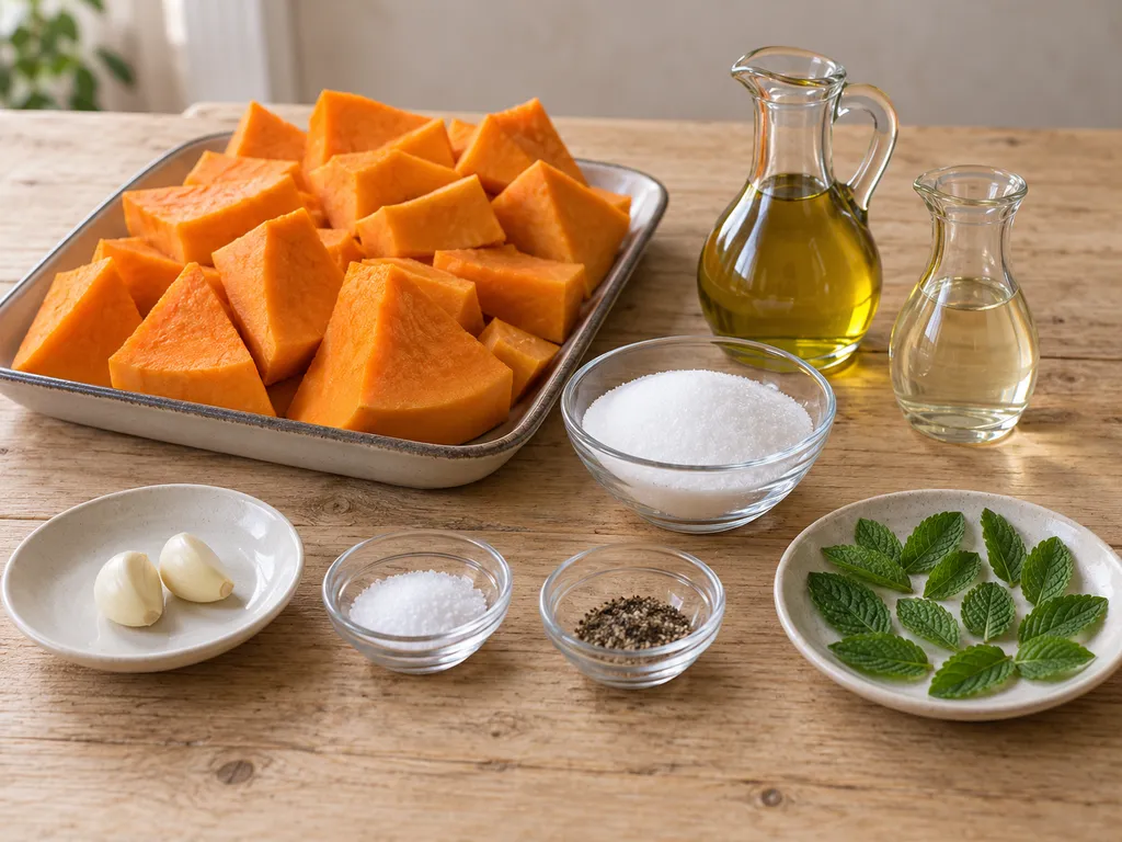 Zucca cruda, olio, aceto, zucchero, aglio, sale, pepe e menta separati sul tavolo