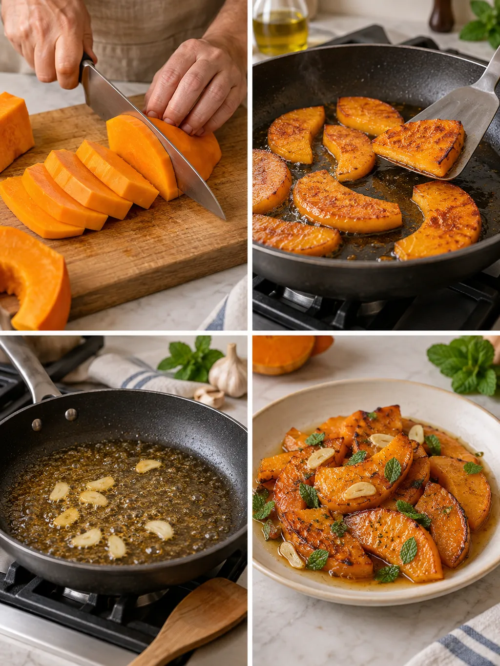 Preparazione della zucca in agrodolce, dal taglio delle fette al piatto con menta