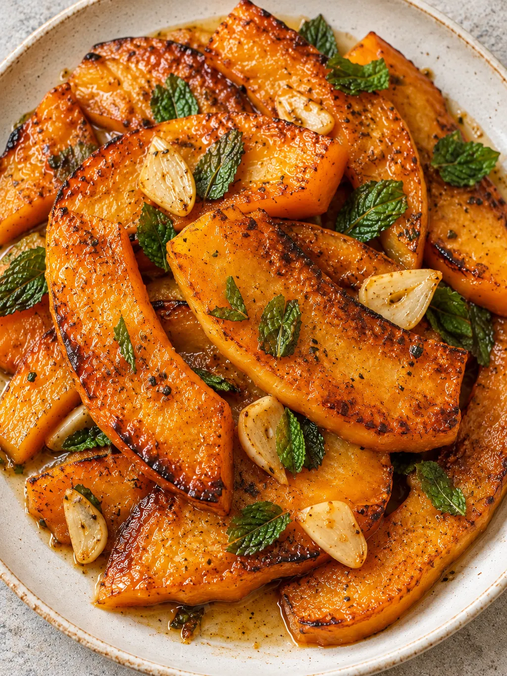 Fette di zucca dorata in agrodolce con menta e aglio su un piatto chiaro