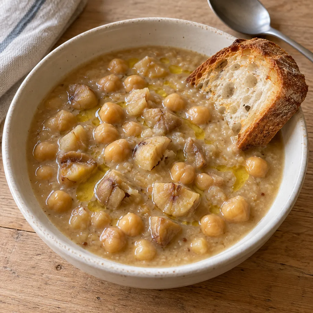 Zuppa di castagne e ceci con olio extravergine e una fetta di pane tostato