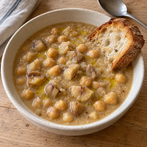 Zuppa di castagne e ceci con olio extravergine e una fetta di pane tostato