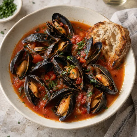Zuppa di cozze al pomodoro con prezzemolo e una fetta di pane tostato
