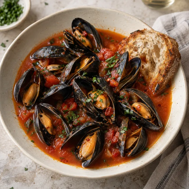 Zuppa di cozze al pomodoro con prezzemolo e una fetta di pane tostato