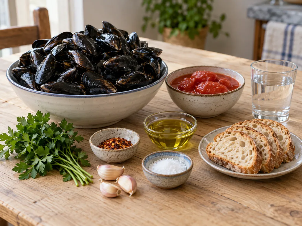 Cozze, pelati, aglio, peperoncino, olio, prezzemolo e quattro fette di pane