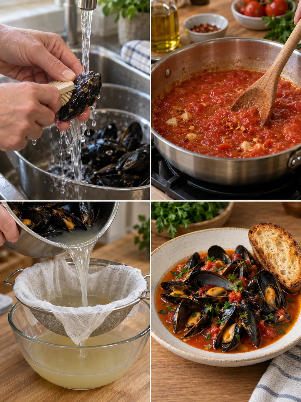 Pulizia delle cozze, cottura del pomodoro, filtraggio del fondo e zuppa pronta