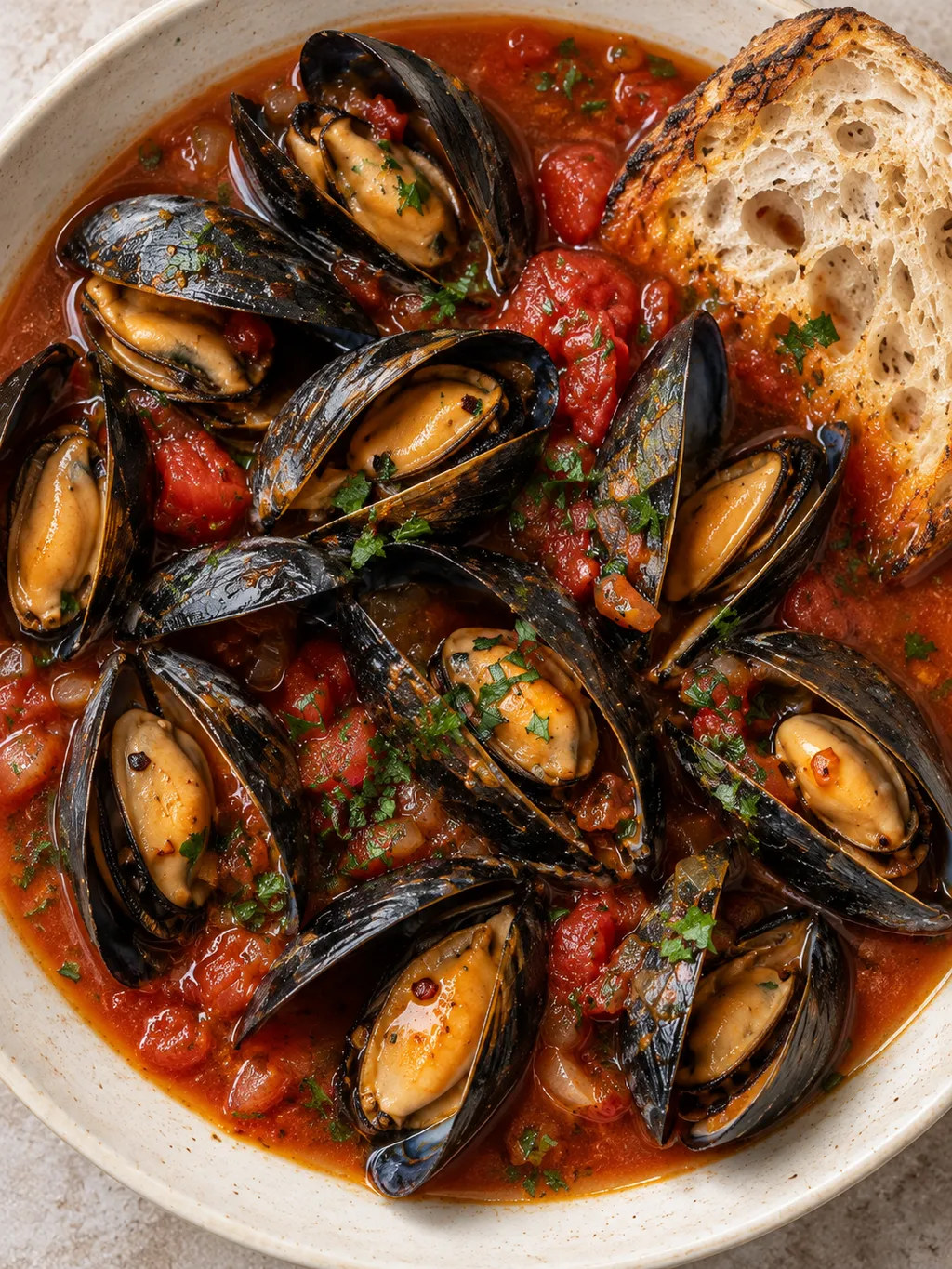 Cozze nel fondo rosso al pomodoro con prezzemolo e pane casereccio tostato