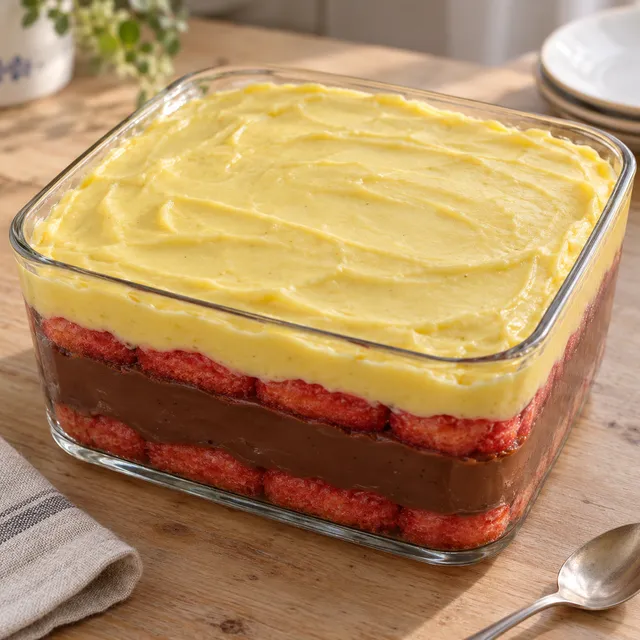 Zuppa inglese con strati rossi di savoiardi, crema al cioccolato e crema gialla