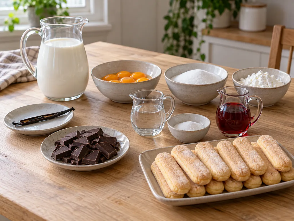 Latte, tuorli, vaniglia, zucchero, amido, fondente, alchermes e savoiardi per la zuppa inglese