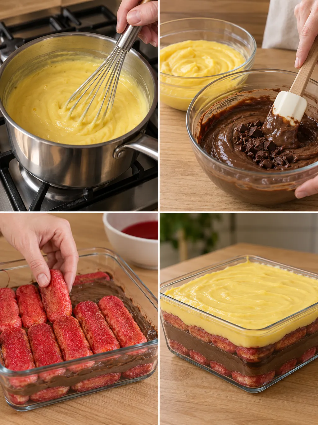 Preparazione della zuppa inglese, dalla cottura delle creme al dolce finito a strati