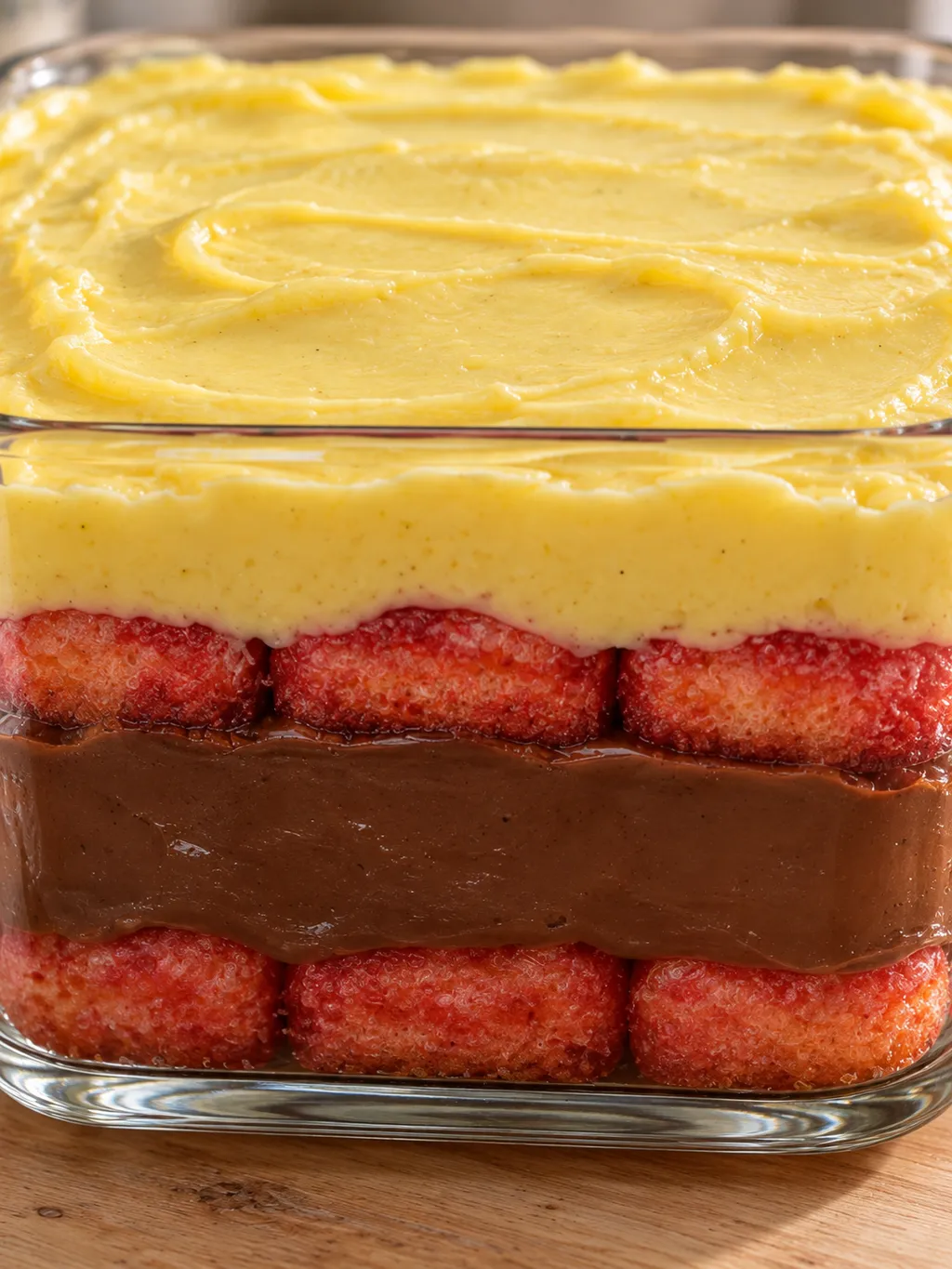 Zuppa inglese in pirofila con savoiardi all'alchermes e due strati di crema